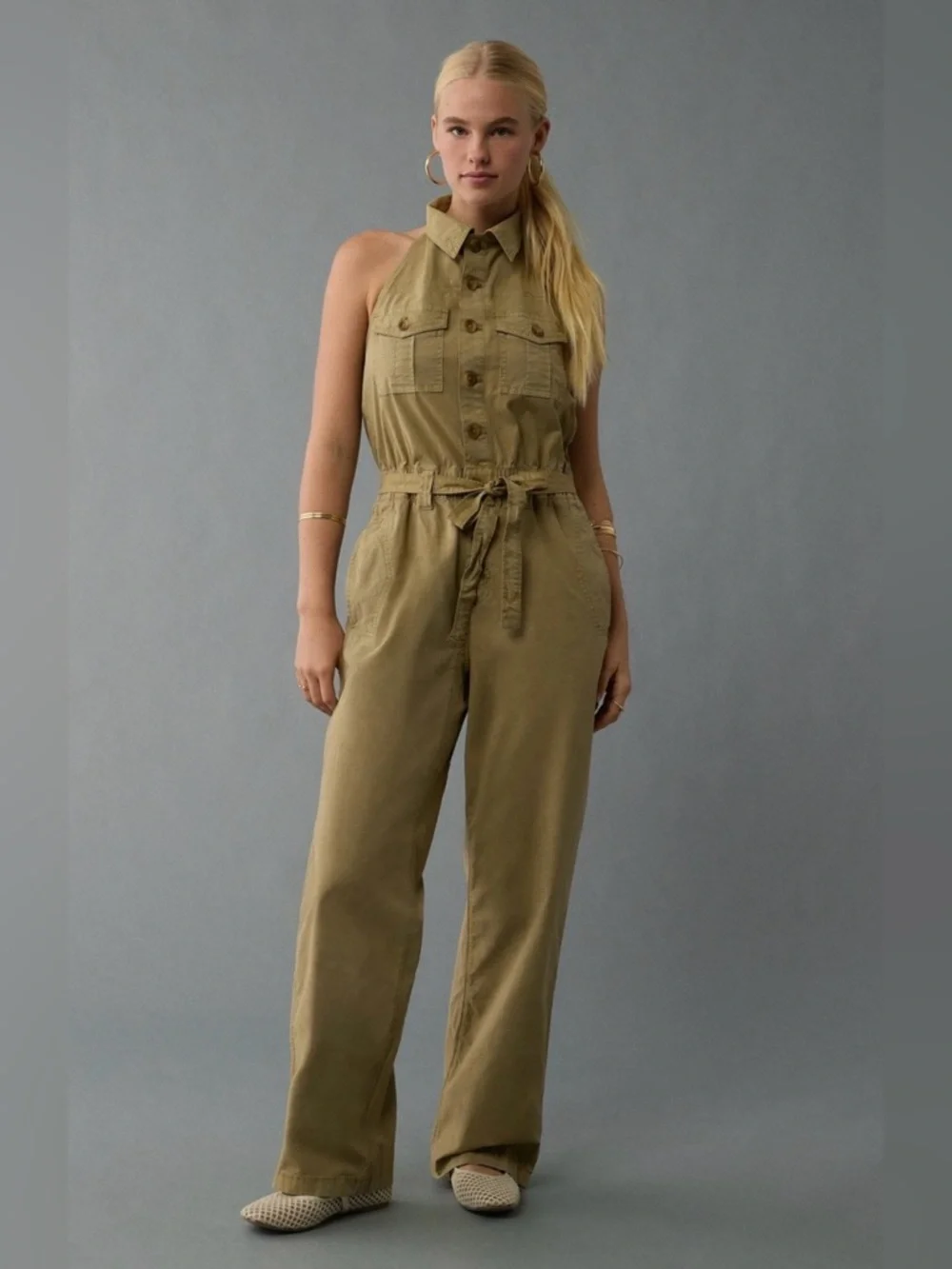 NWT American Eagle ($84.95) Collared Halter Jumpsuit in Olive XL - Picture 1 of 11
